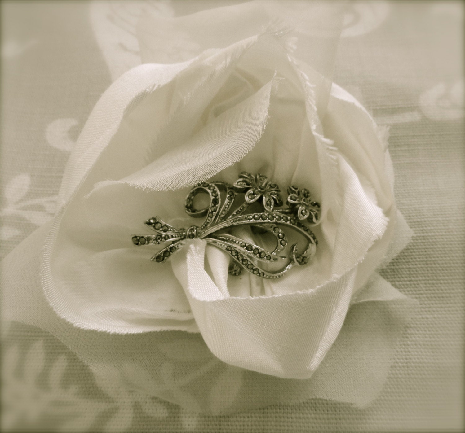 Silk Bridal corsage with marcasite brooch centre