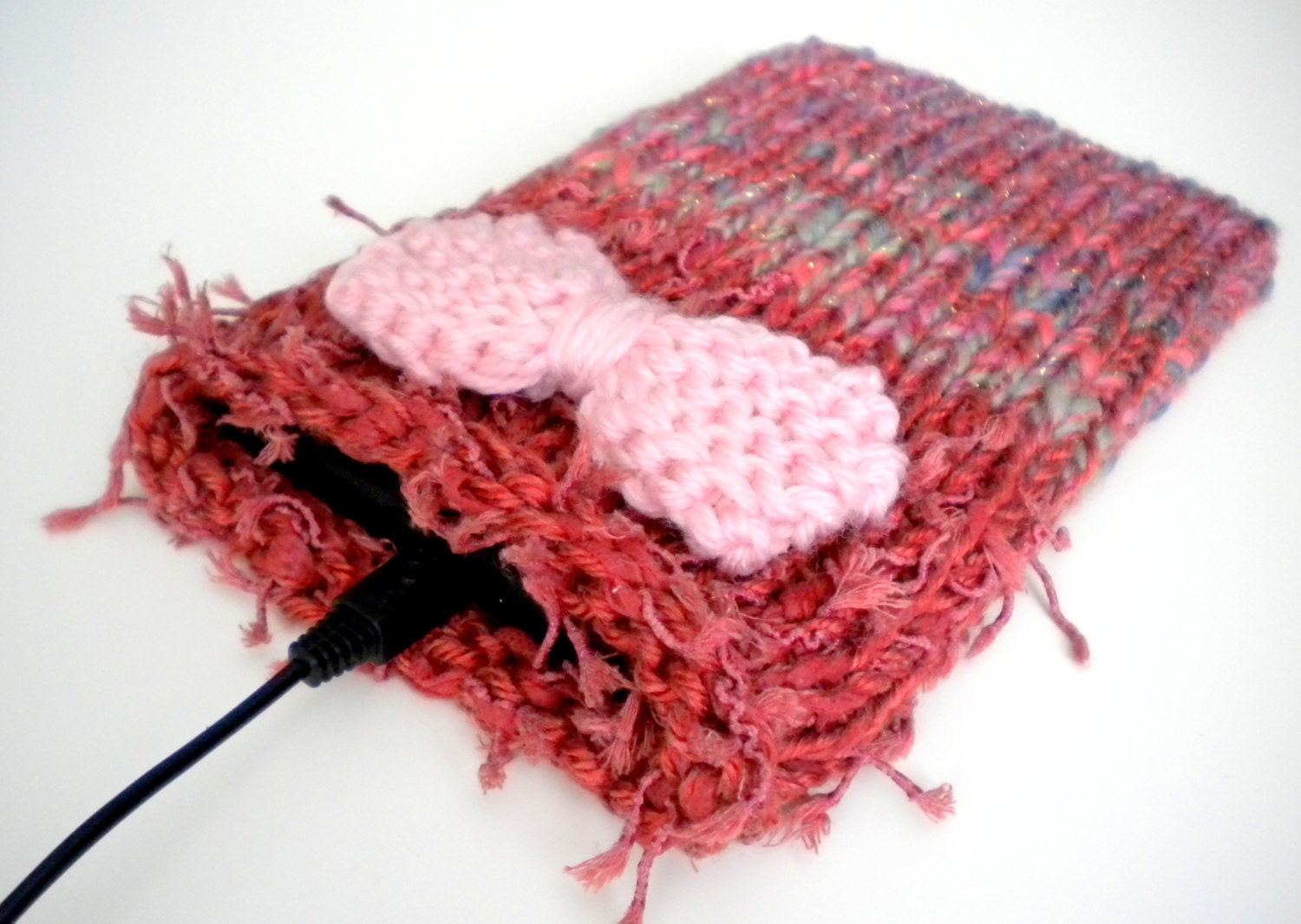 Kindle Cover Knit in Rose with Light Pink Bow From GRANDMABEEHIVE