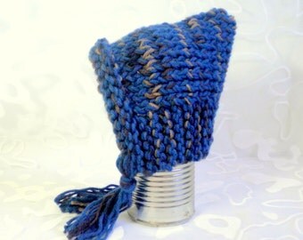 Preemie to Newborn Baby Pixie Elf Hat Knitted Baby Boy in Blue Brown and Tan Yarn MACHINE WASHABLE
