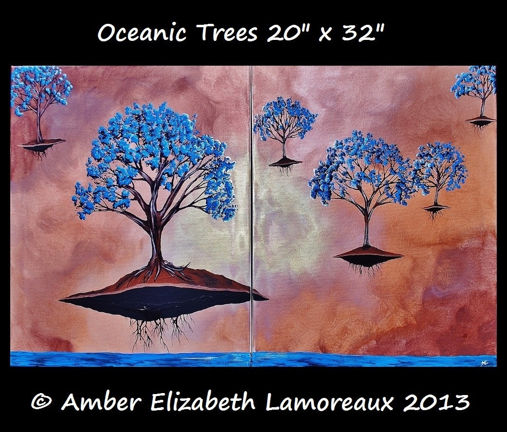Large Original Painting Oceanic Trees Surreal Acrylic Canvas Art Amber Elizabeth Lamoreaux Floating Tree Islands Ocean Sky Brown Blue