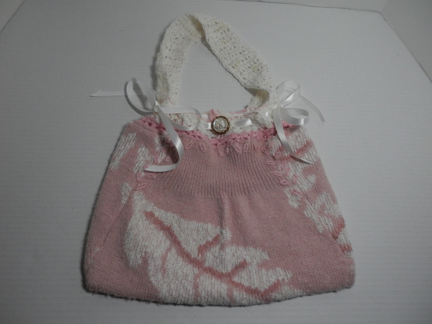 Bag Knit Crochet Mauve Pink White Drawstring Re Purposed Sweater Fashionable Purse Ladylike OOAK Recycled Original Design Accessory Gift