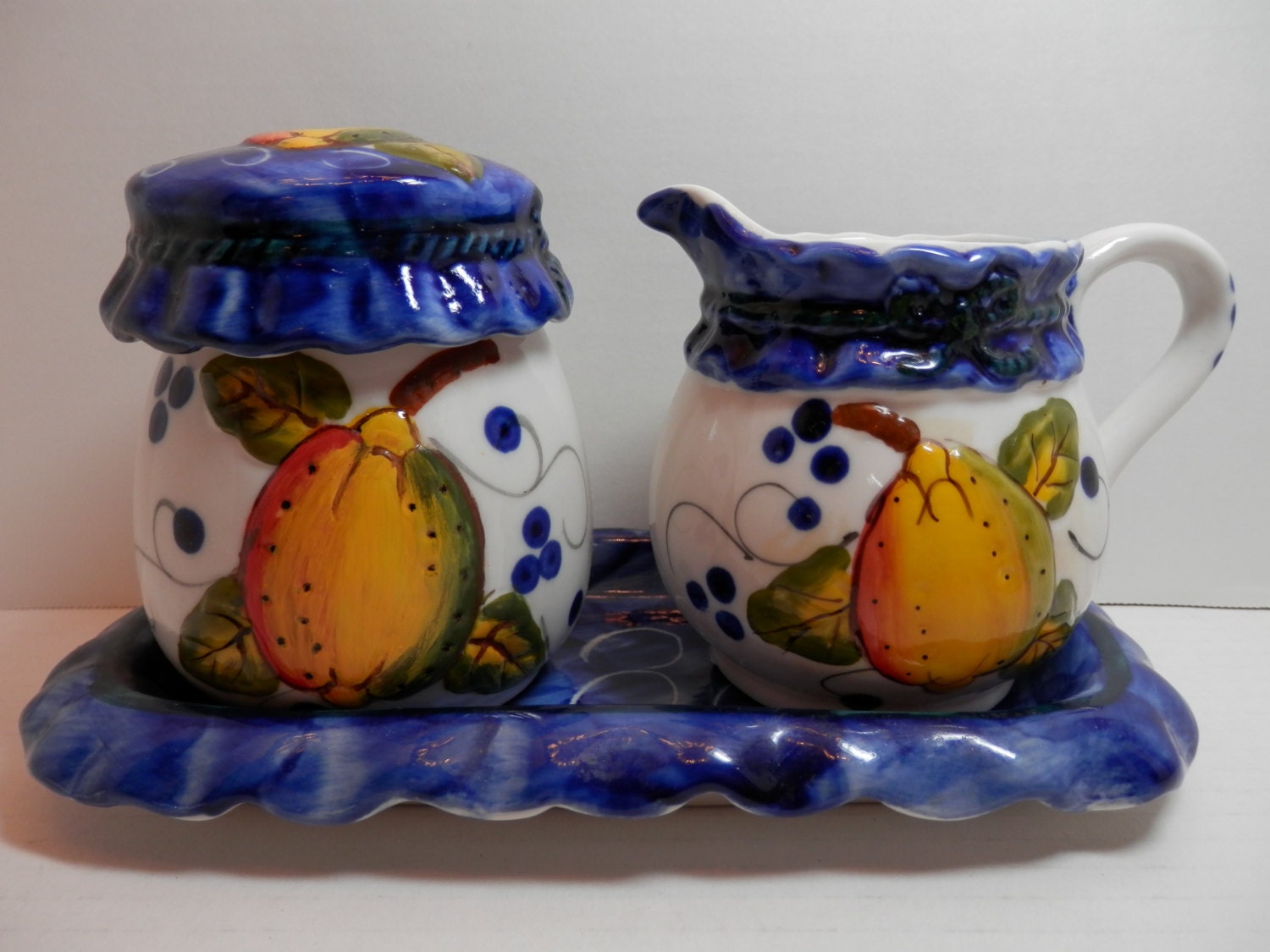 Creamer Sugar Lidded Set w/ Tray Cobalt Blue White Ceramic Fruit Motif Hand Painted Vintage Kitchen Home Decor Housewares Novelty Collector