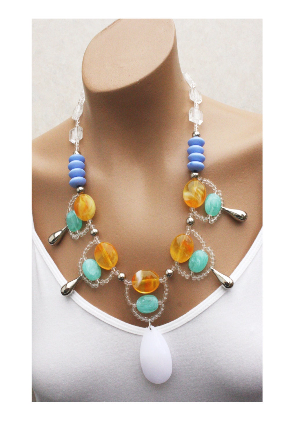 Bright Colorful Statement Necklace, Blue, Aqua, Orange, Joie de Vivre