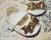 Toddler Shoes Belle Faux Ivory Silk Mary Janes with Sparkly Gold Bow (Size 5-13)