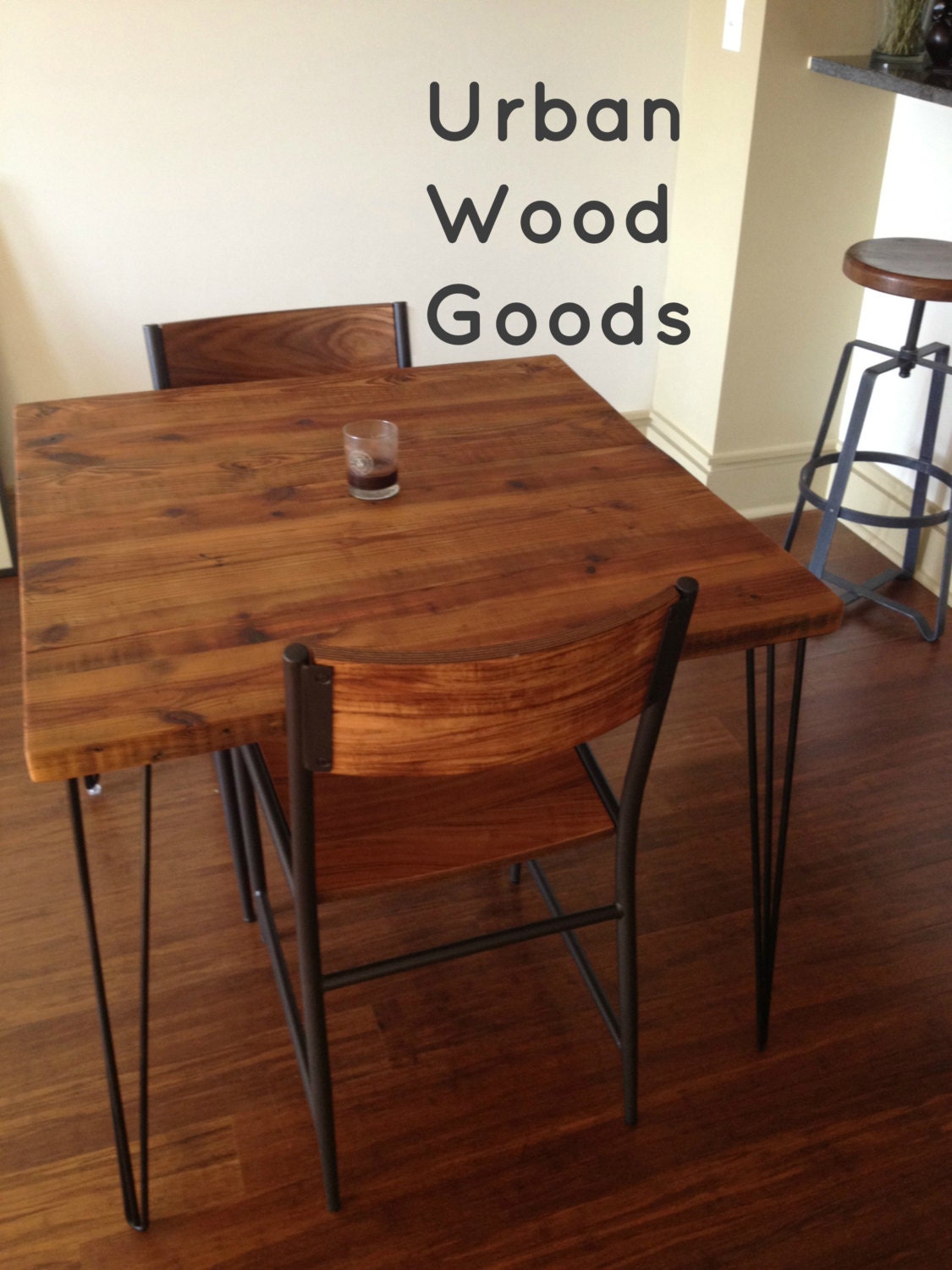 Small CafeTable with reclaimed wood top and Hairpin legs. 24" L x 24" W x 30" tall, seats 2 people. 1.65" top