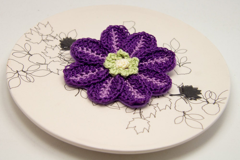 Dark Purple Crochet Brooch with Felt Backing