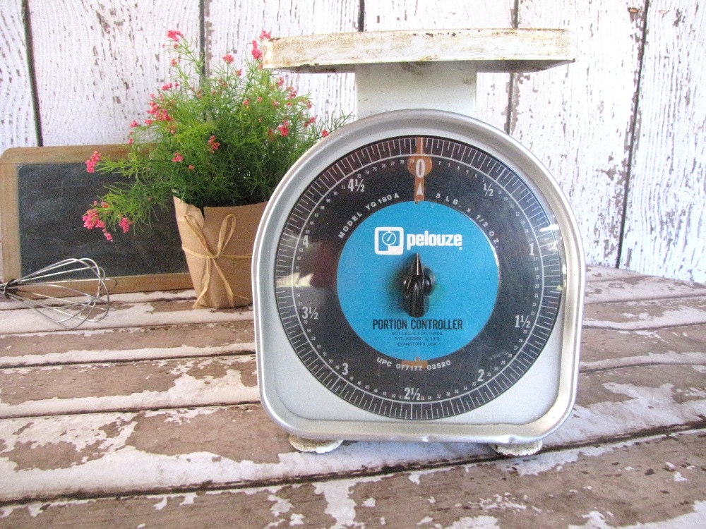 Vintage Kitchen Scale Chippy White Blue Farmhouse Rustic Pelouze AllieEtCie
