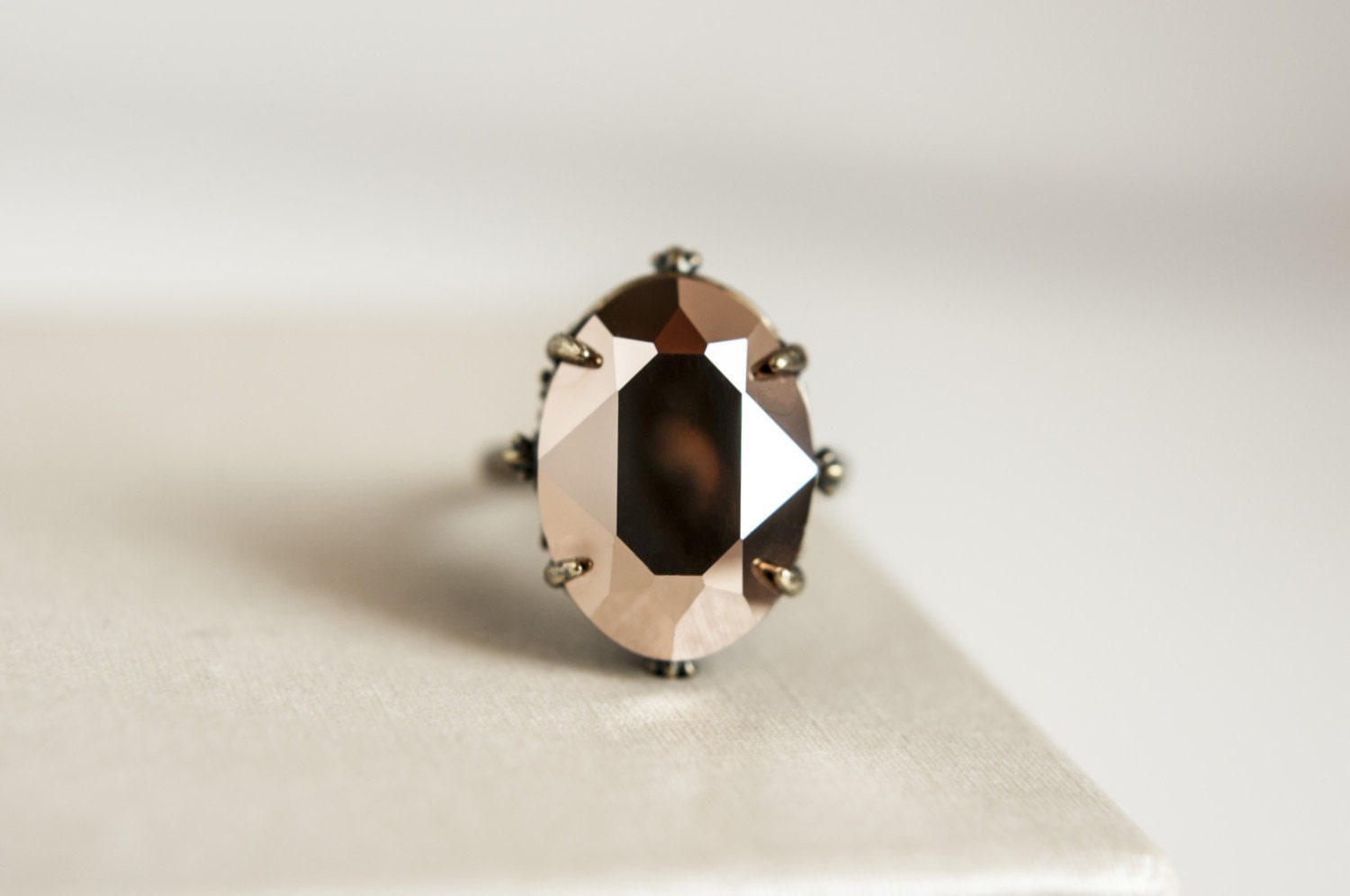 Crystal Rose Gold ring  - swarovski oval cabochon - antique bronze base