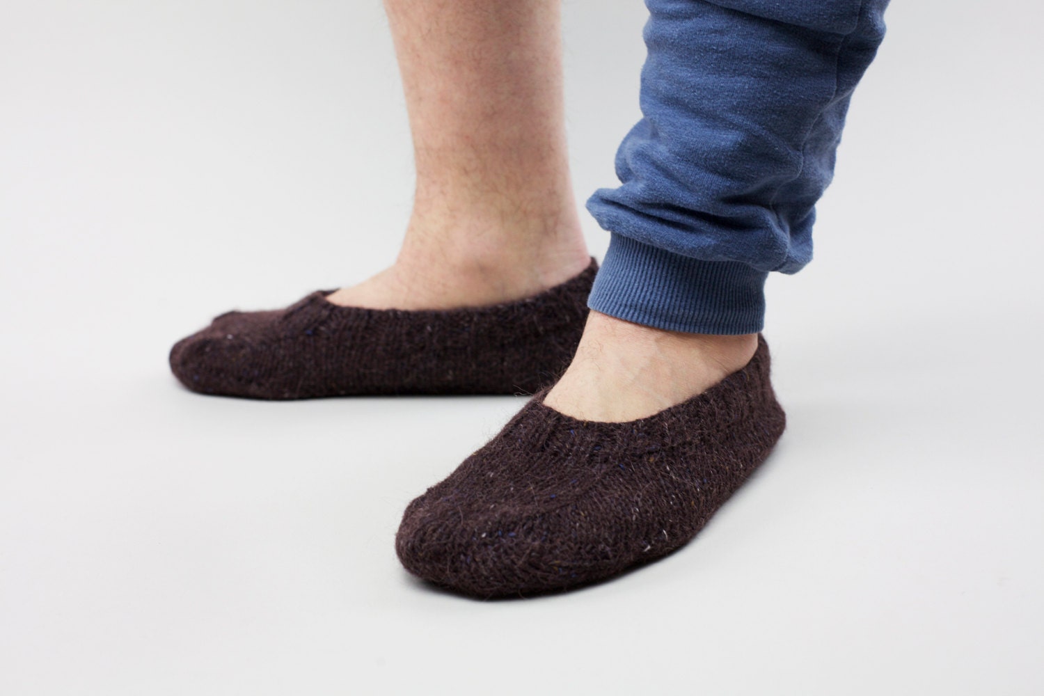 Soft wool hand knit brown socks slippers for men and women