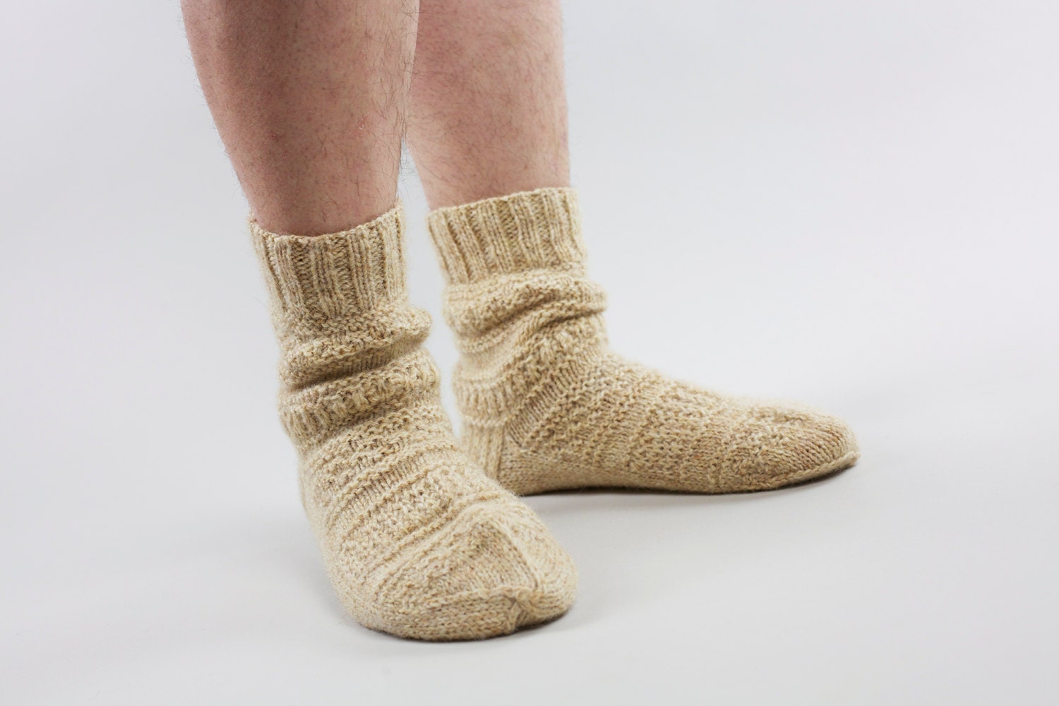 Natural beige wool hand knitted socks for women and men