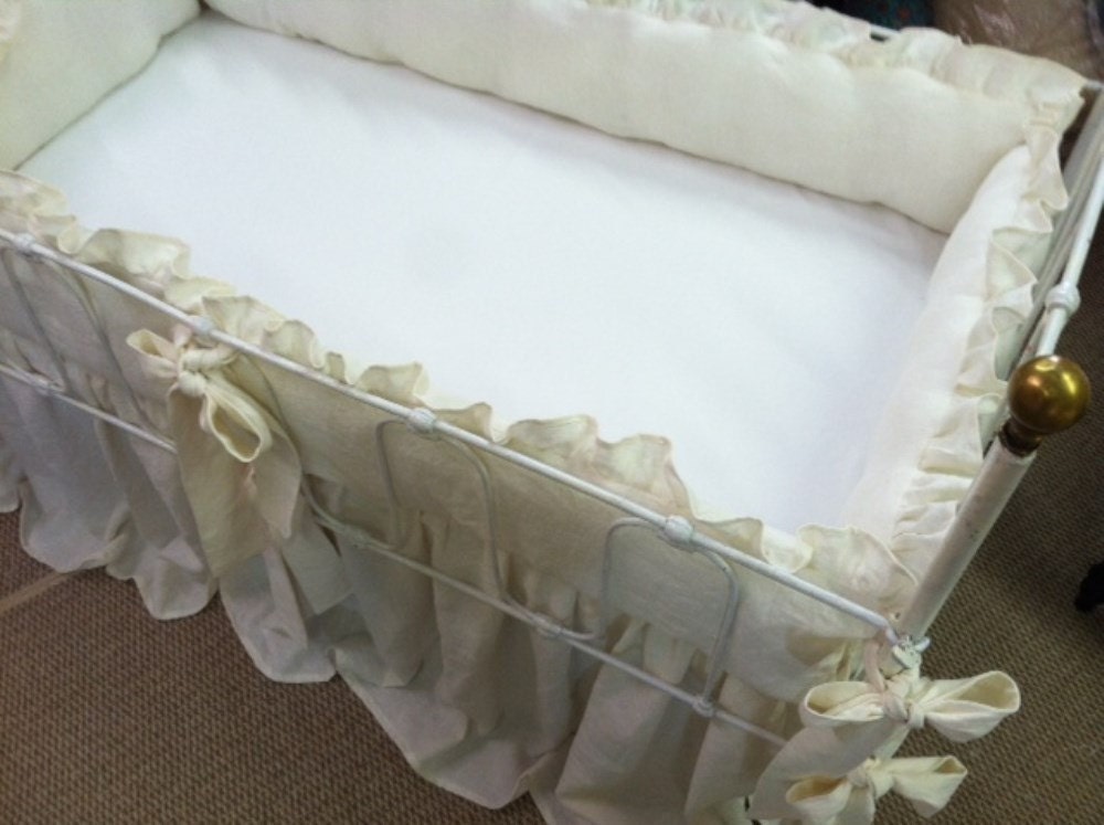 2" Ruffled Bumpers and Storybook Style Crib Skirt in Washed Cream Linen