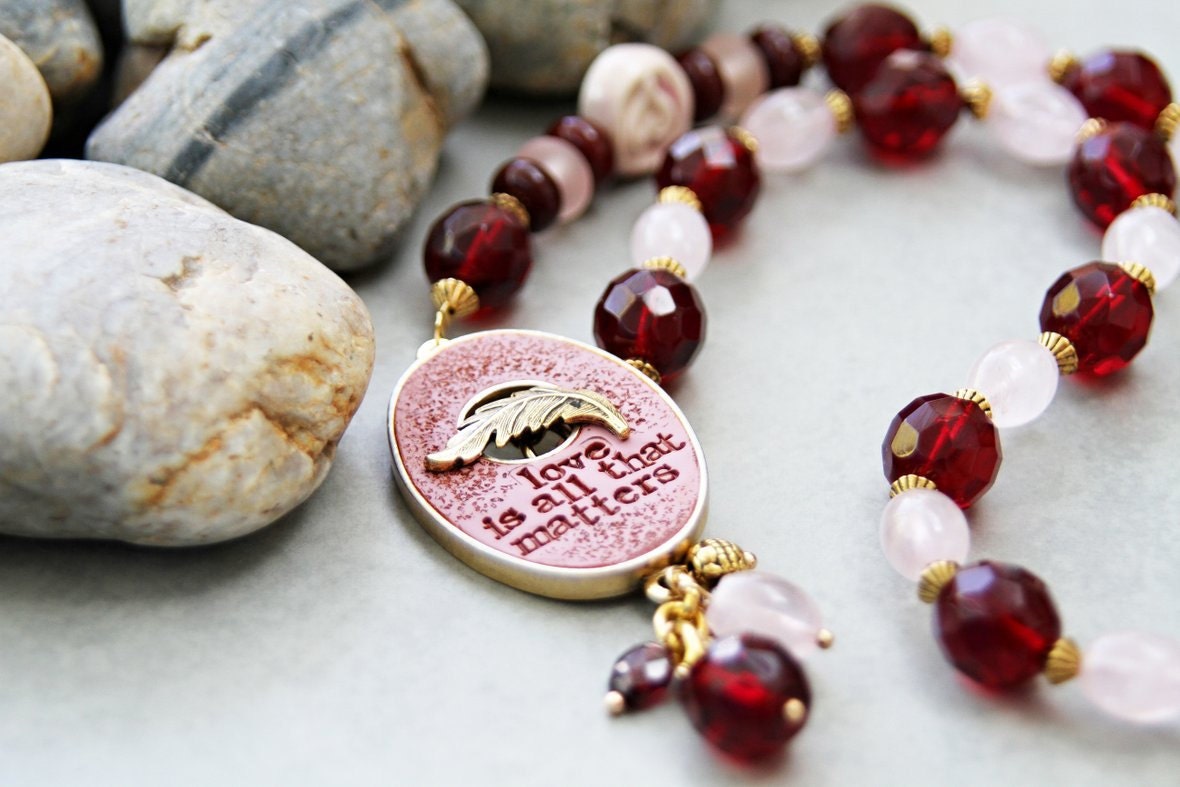 My Everything - Rose Quartz and Garnet Crystal Necklace with Pink Swoondimples Toggle Feature
