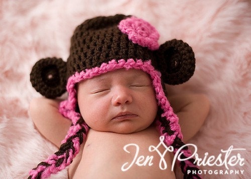 Chocolate Brown Monkey Hat with Bright Pink Trim and Flower- Choose your size