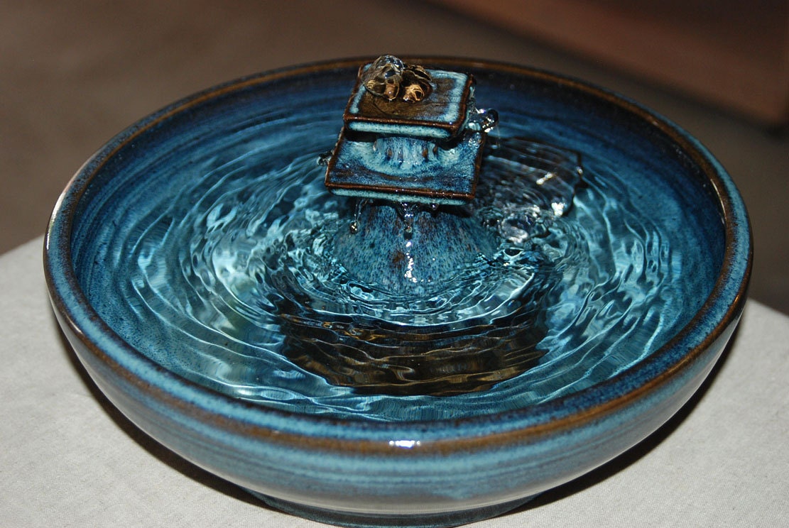 Cat Drinking Fountain, Ceramic, Handmade, Foodsafe -  "Blue Pagoda" - 11 Inch Diameter