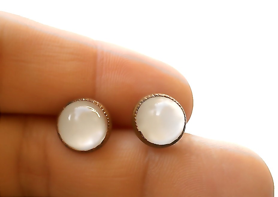 Vintage Brushed Silver & White Moonglow Glass Stud Earrings- One of a Kind