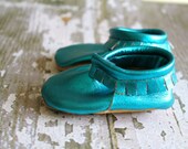Baby Leather Moccasins Turquoise Leather Infant Moccasins Shoes-Ready to Ship