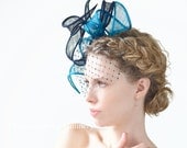 Royal Ascot Turquoise Navy Fascinator Straw Cocktail Head Band French Birdcage Veiling Swarovski Rhinestones Summer Headpiece Derby Hats