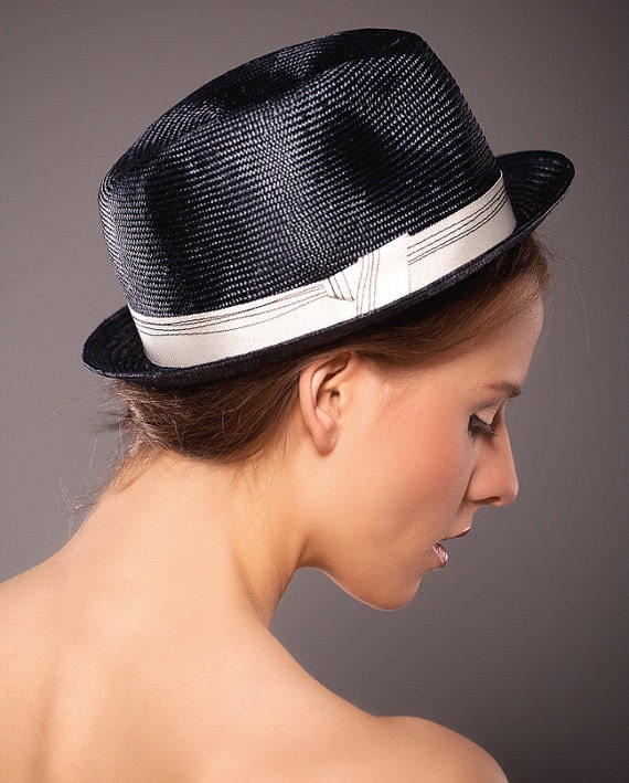 Unisex Straw Hand Blocked Hat Summer Dark Navy Rockabilly Men's Hats Trilby Women Fedora White Trim Tape