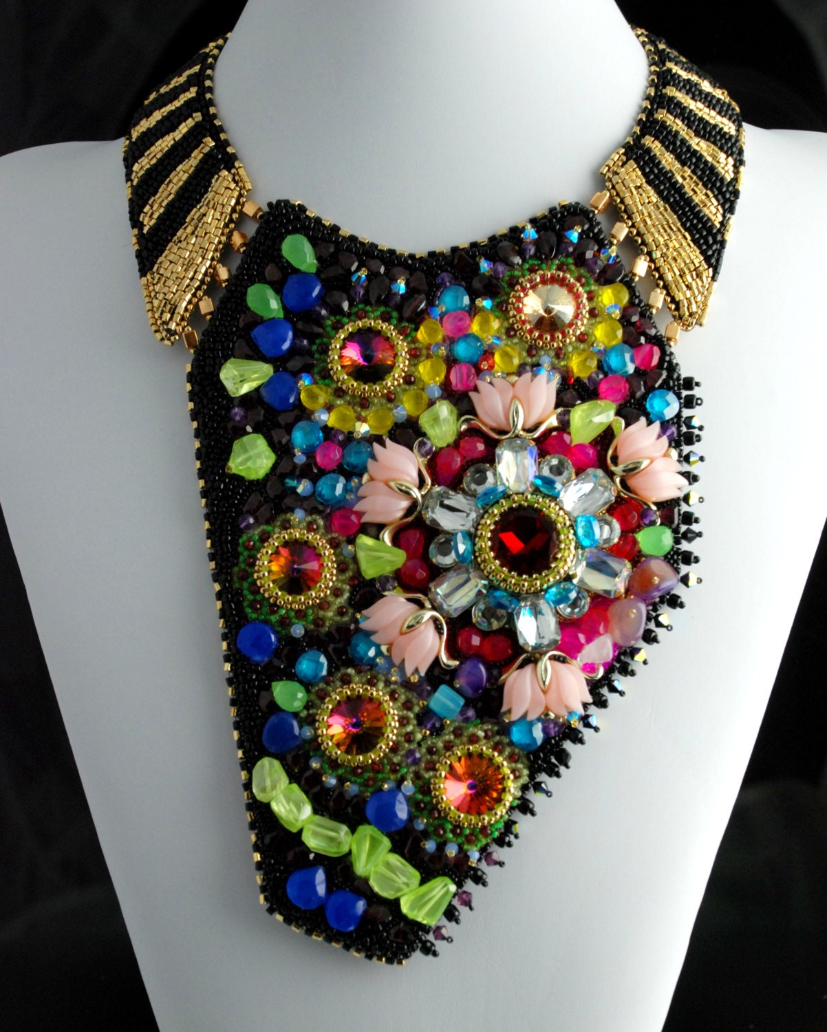 My Heart is Your Kaleidoscope - Gemstone Bead Embroidered Necklace, Asymmetrical, Beaded Collar Necklace, Neon Colors Bib Necklace