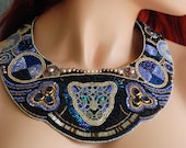 Dreaming of a Jaguar -MADE to ORDER- Statement Collar Necklace, Bead Embroidered Collar Necklace, Purple, Black, and Neutral