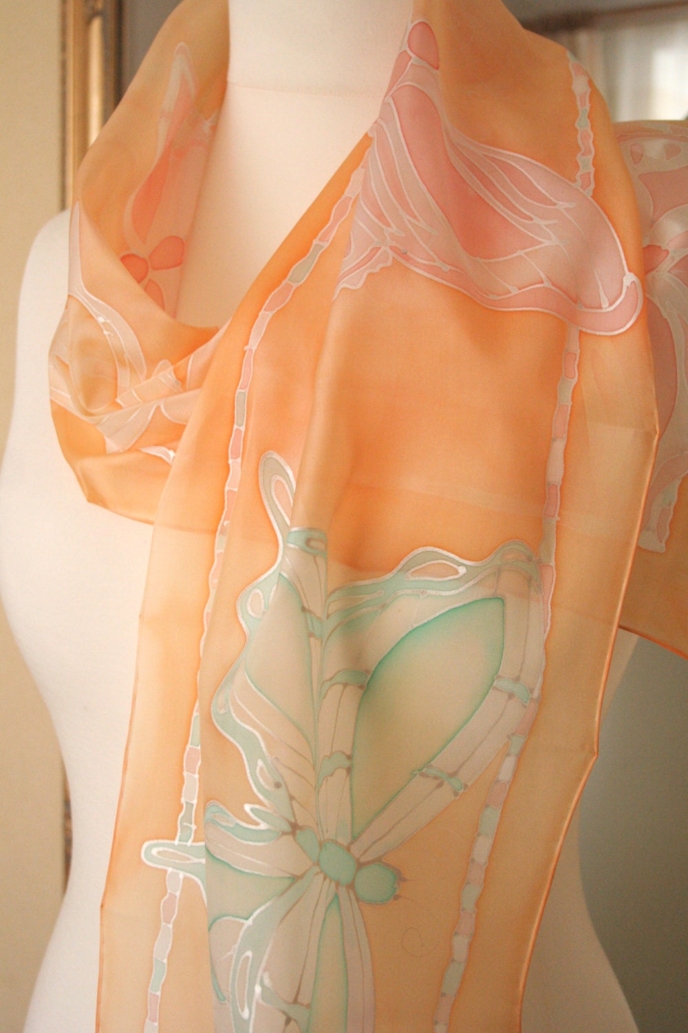 Butterfly Scarf. Pastels. Peach and Mint.  Hand Painted Silk. Mother's Day
