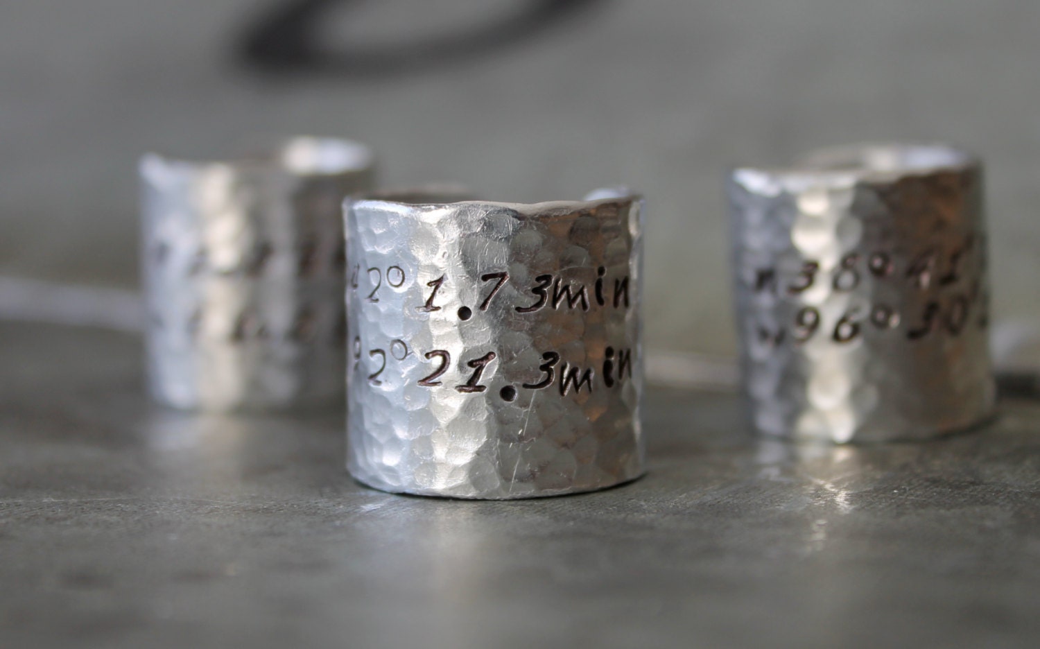 Latitude and Longitude Stamped Hammered Upcycled Personalized Coordinates Ring