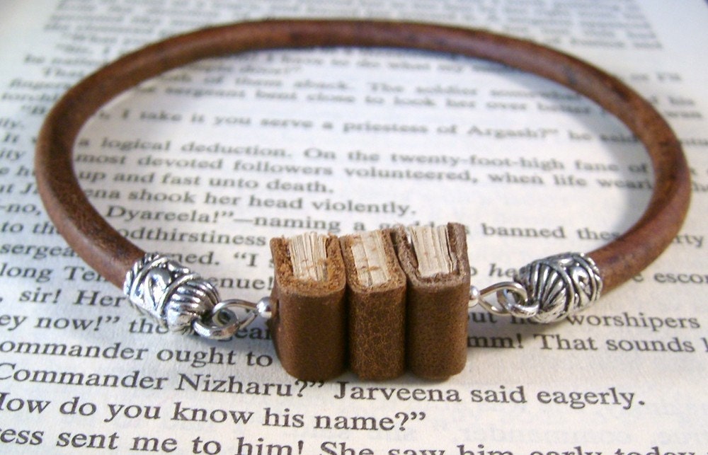 Miniature Book Bangle Bracelet Stack of 3 Mini Books and Greek Leather Bracelet