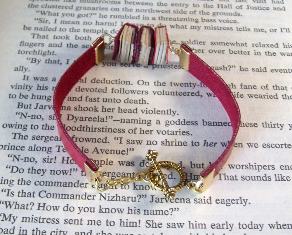 Miniature Book Bracelet Stack of 3 Mini Books and Leather Bracelet Red Gold
