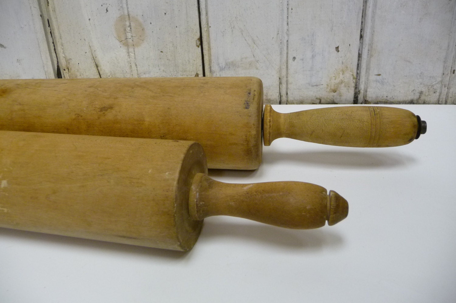 Two vintage Rolling Pins Wood Thorpe Bakery Industrial size Cheshire, Conn.