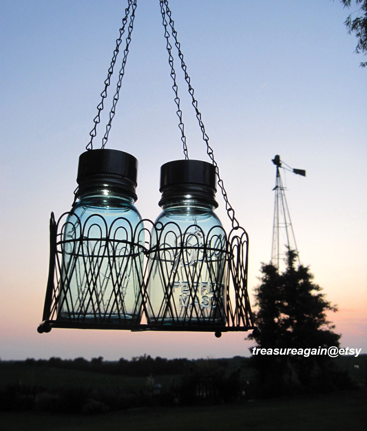 Mason Jar Solar Lights Ball Jars Black Solar Lamp Basket, 2 Upcycled Recycled Quart Jar Lanterns, Upcycled Lighting, by treasureagain