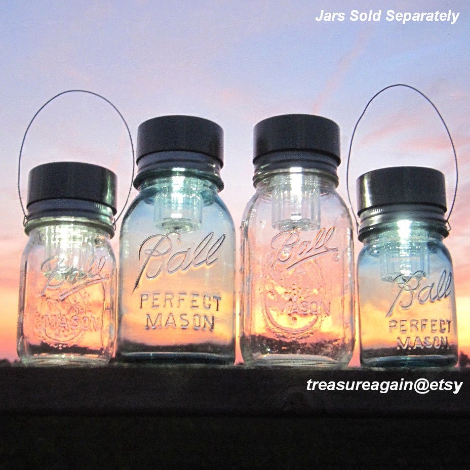4 Solar LIDS Mix Mason Jar Lights, Includes 2 Hanging Mason Jar Solar Lights Handmade Upcycled DIY Garden Lights, 2 Hangers- No Jars