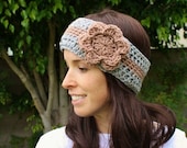 Oatmeal and Tan Stripe Crochet Headband with Flower