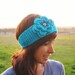 Crochet Headband Holiday in Turquoise with Flower--Ready to Ship