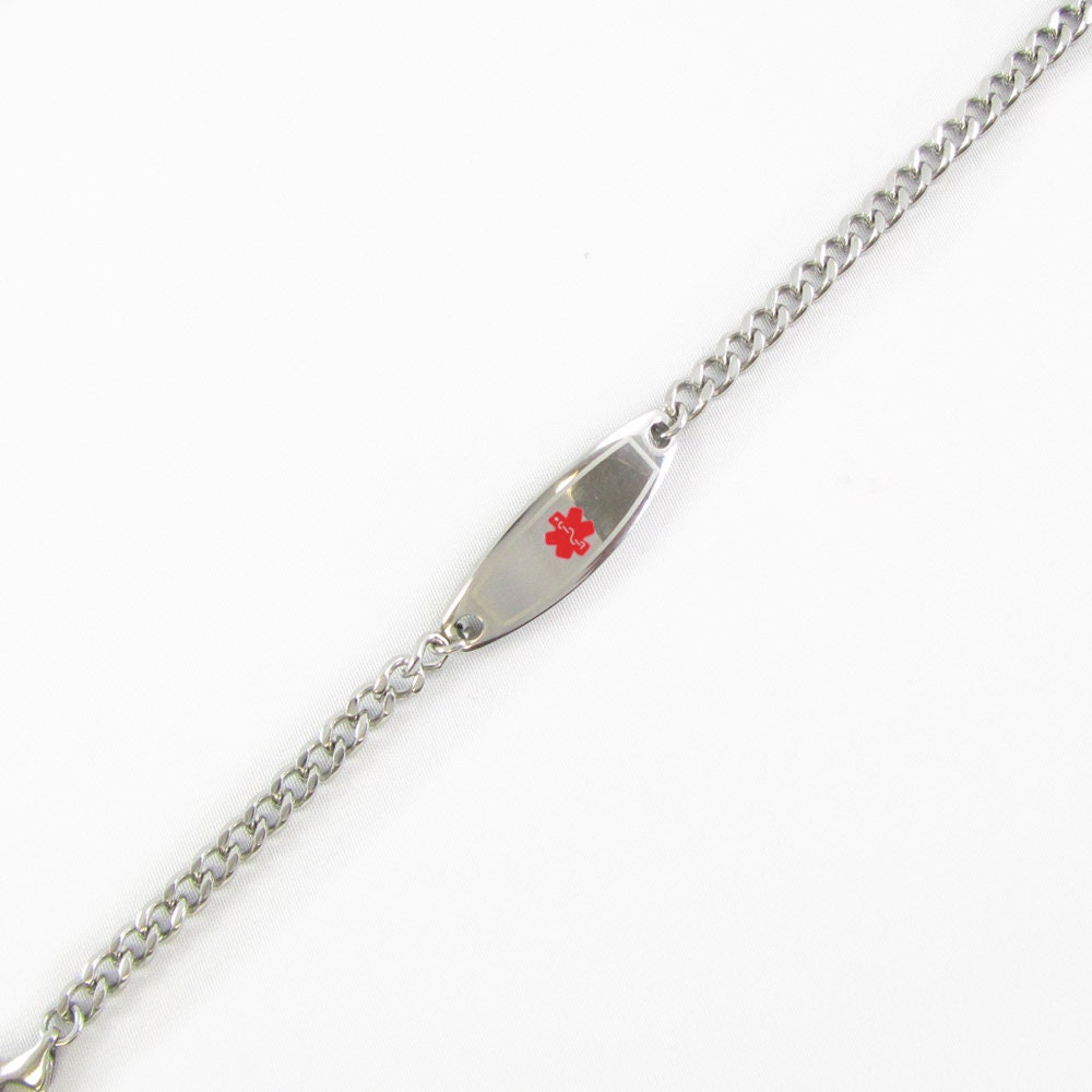 Extra Small Ladies & Kids Custom Engraved Medical Bracelet, mini curb Chain, Red i9C-BS9