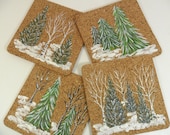 Cork Coasters Winter Snow Scene Trees Hand Painted Set of 4