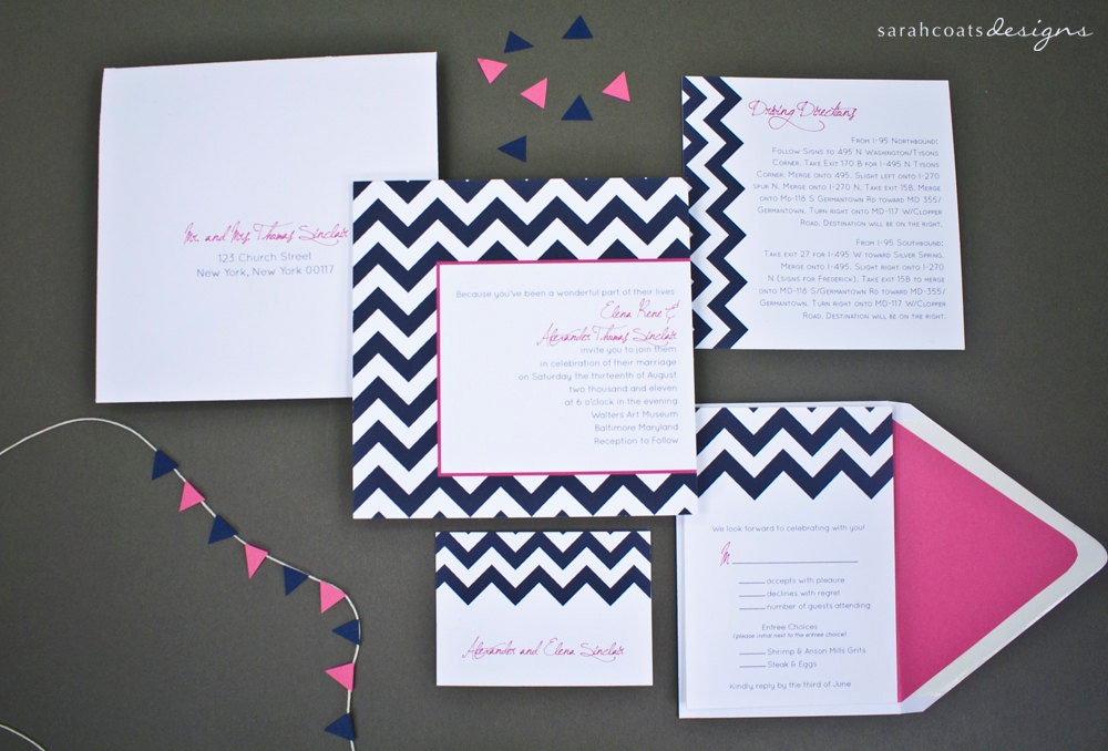 Chevron Wedding Invitation Suite (Sample) - Navy and Pink