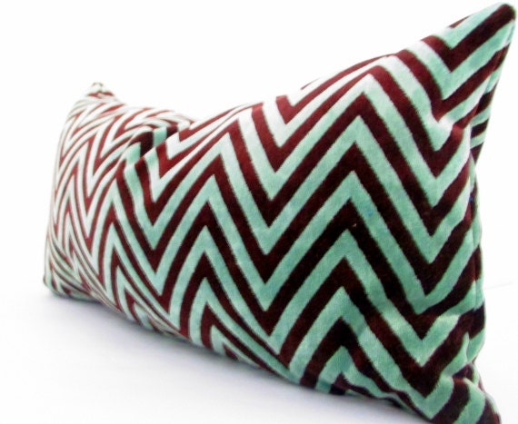Mint Green Pillow Cover, Chevron Pillow Covers, Velvet Pillow covers with Chocolate brown and Mint green,  12x22 Inch, Chevron Cushion