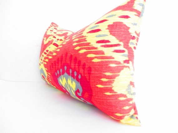 Red Ikat Pillow Cover, Lumbar Pillow Cover, Bohemian Decor, Ikat Cushion, 12x20 Inch, Mustard Yellow, Blue. Creamy White