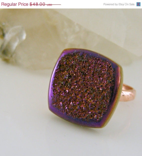 ON SALE Druzy Ring - Midnight  Purple Copper Drusy Titanium Gemstone - Copper Cocktail Statement Ring - Size 8 - Handmade