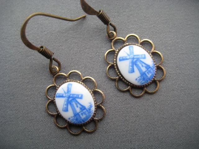 Windmill Earrings - Windmill Jewelry - Dutch Jewelry - Victorian Earrings - Cameo Earrings - Blue Earrings - Blue Jewelry