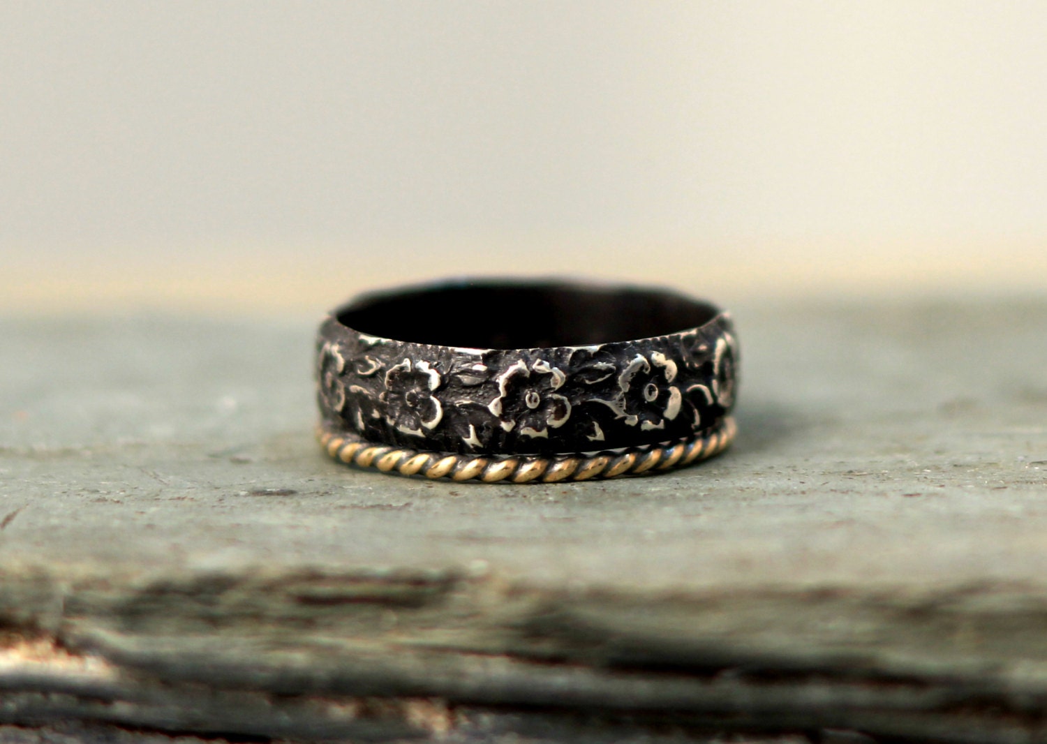 Wide Flower Patterned Silver Band & Twisted 14K Gold Filled Stacking Ring w Secret Message