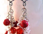 Red Coral Crystal and Silver Twisted Branch Valentine Heart Long Dangly Chain Earrings