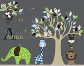 Vinyl Wall Decal Mural Giraffe,elephant,monkey nursery wall decal sticker vinyl tree and branch jungle decals