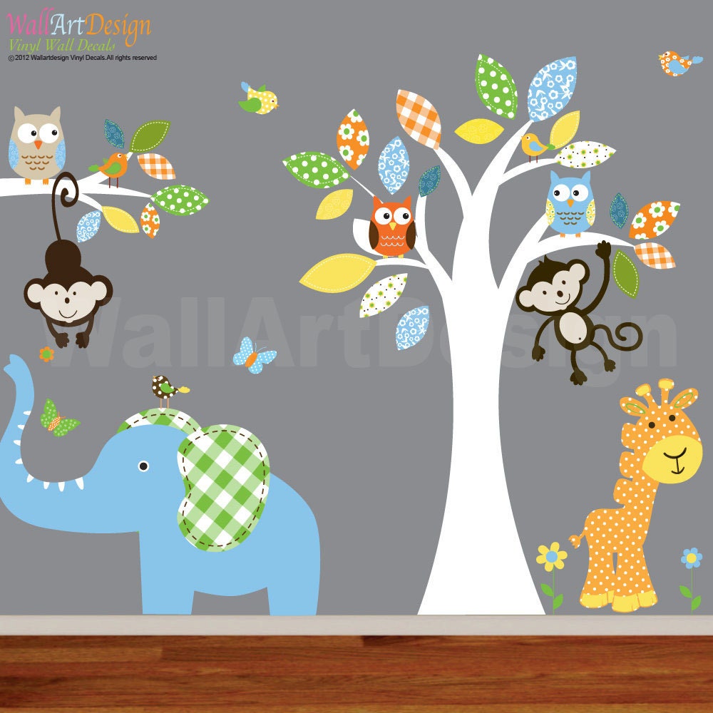 Giraffe,elephant,monkey nursery wall decal sticker vinyl tree and branch jungle decals girl