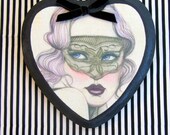 Dentelles Masque Fabric Art Print on Heart Shaped Wooden Plaque