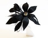 Black Flower Fascinator  Hair Clip Wedding Headpiece with Swarovski Rhinestones Feathers