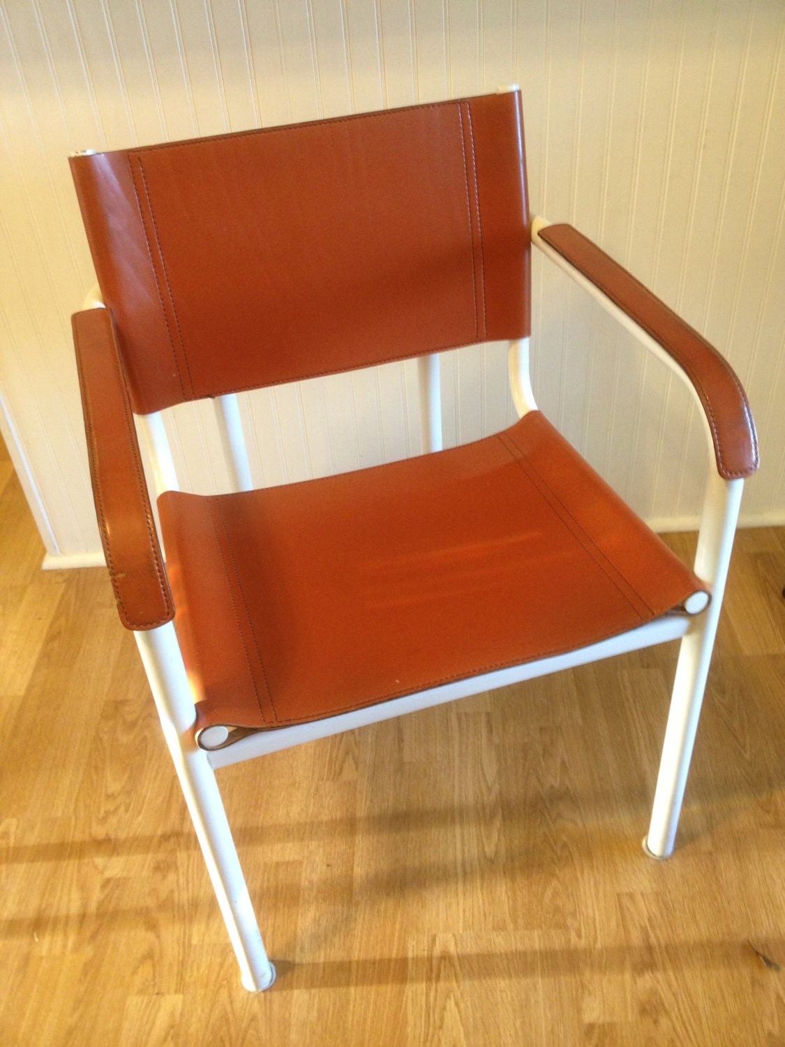 Vintage Mid Century Modern Leather Sling Chair Orange and White