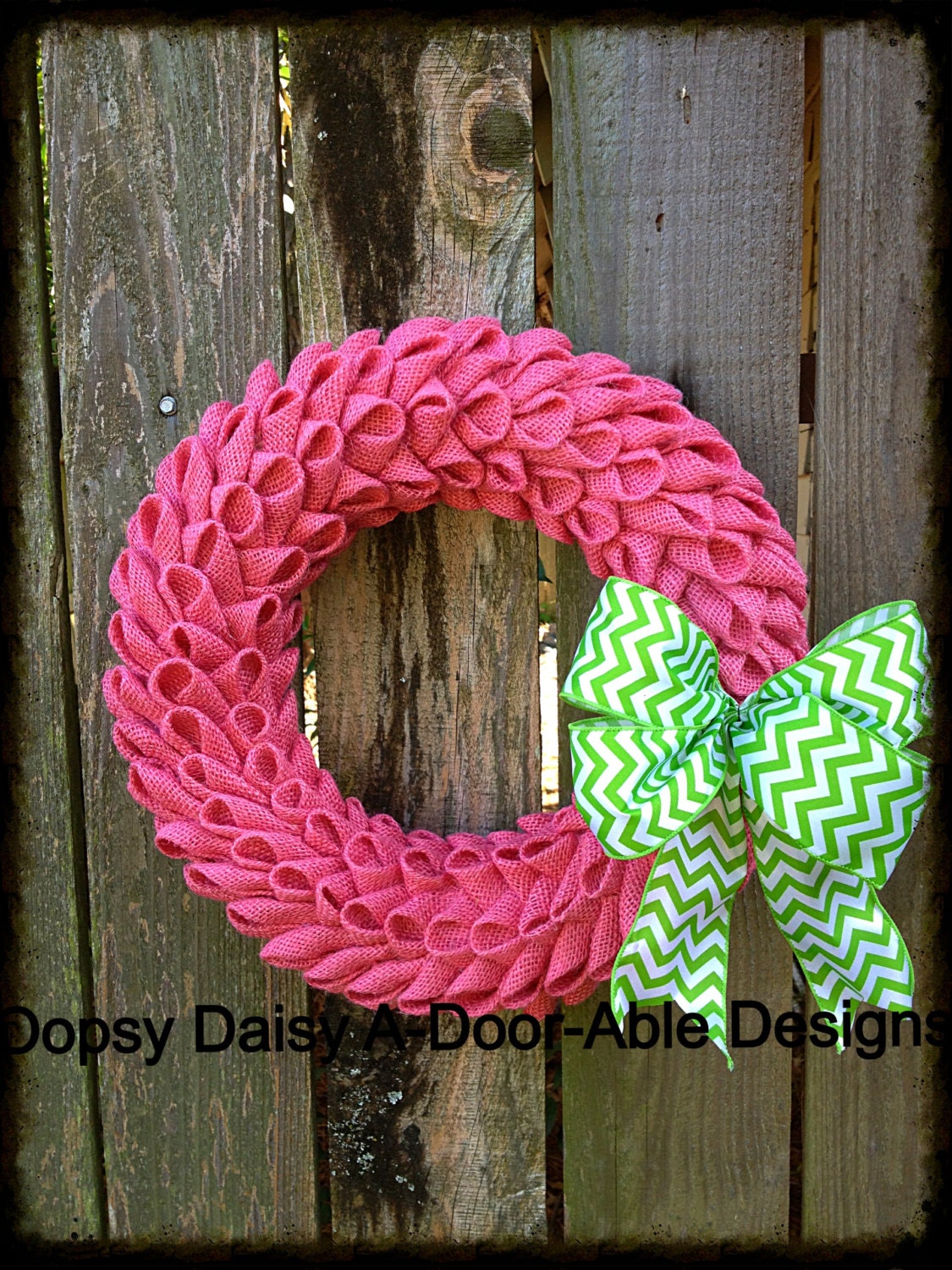 16" petal bubble pink burlap wreath with lime chevron bow, shabby chic burlap bubble wreath, year around wreath, burlap wreath