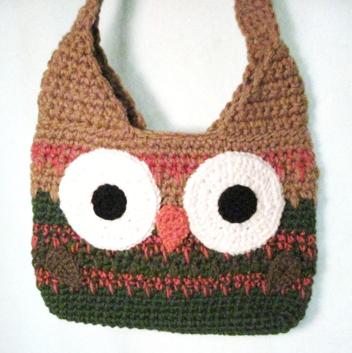 Owl Purse Owl Shoulder Bag Crocheted in Tan and Green Colors