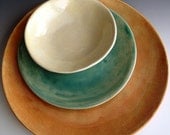 Handmade organic color combo crackle place setting, slab dinner plate, side plate and dessert bowl by Leslie Freeman
